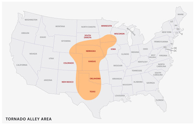 The General Area Considered to be Tornado Alley within the United States